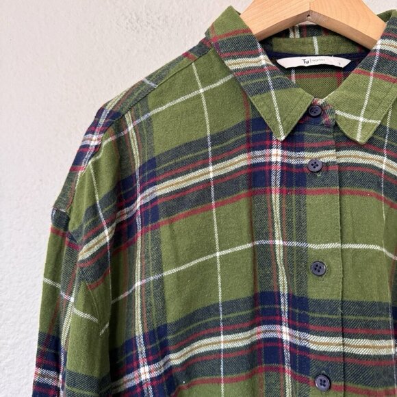 Womens Buttoned Up Shirt Olive Blue Red Plaid Flannel Size Medium - Picture 2 of 9